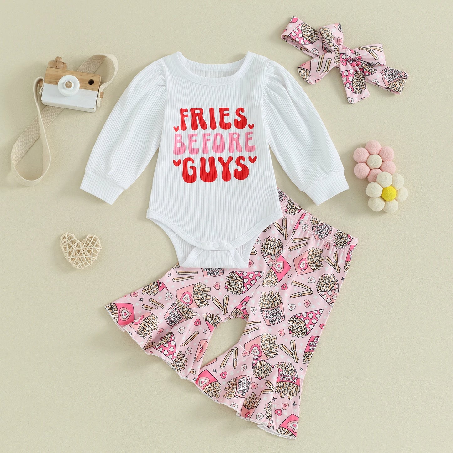 Baby Girls 3Pcs Fries Before Guys Valentine's Day Clothes Sets Letter Print Long Sleeve Romper Heart Flare Pants Headband 3Pcs Clothes Set