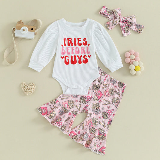 Baby Girls 3Pcs Fries Before Guys Valentine's Day Clothes Sets Letter Print Long Sleeve Romper Heart Flare Pants Headband 3Pcs Clothes Set