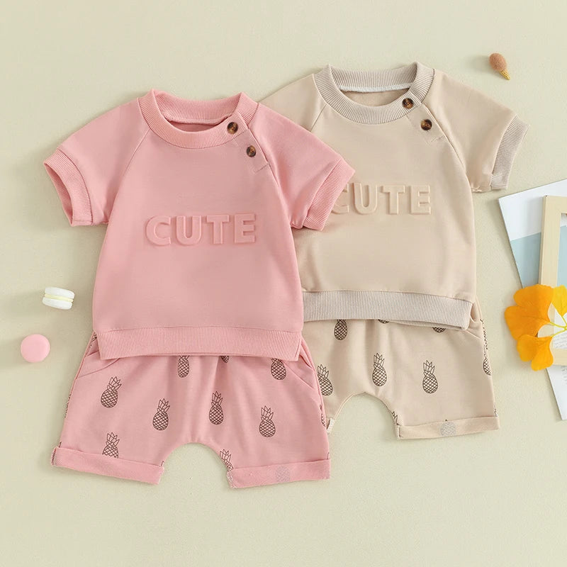 Baby Toddler Boy Girl 2Pcs CUTE Letter Pattern Short Sleeve Top with Pineapple Pattern Short Outfit Set