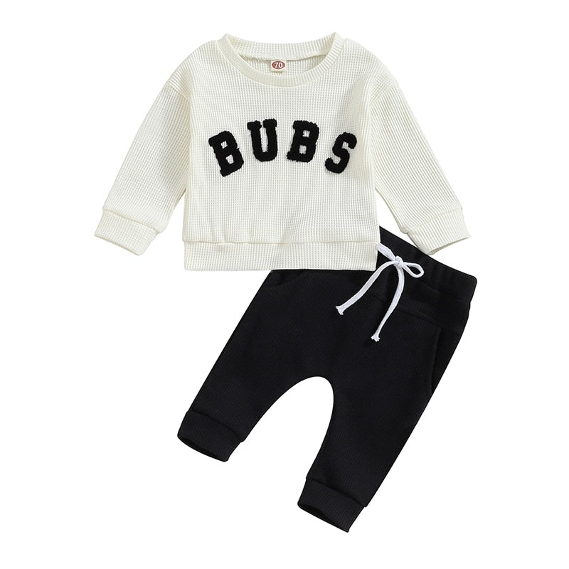 Baby Toddler Boys Girls 2PCS Long Sleeve Letter Embroidery Bubs Tops and Drawstring Pants Set