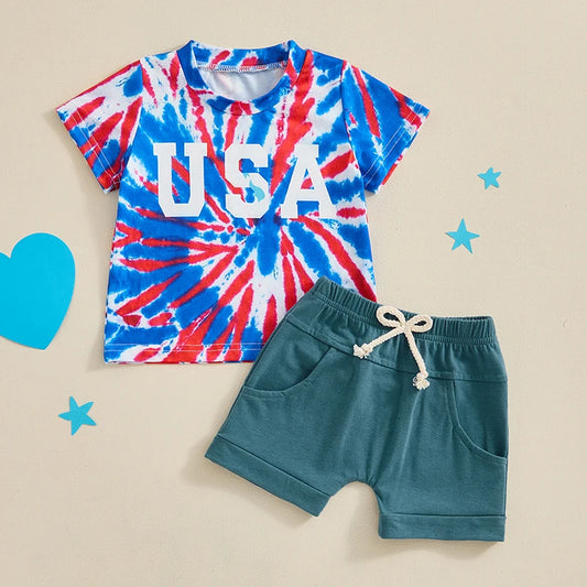 Baby Toddler Boys 2Pcs 4th of July Clothes Set Short Sleeve USA Letter Print Tie Dye Top with Elastic Waist Shorts Summer Outfit