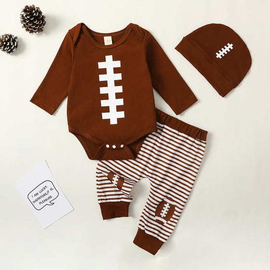 Baby Boy Girl 3Pcs Football Outfit Long Sleeve Romper Stripe Elastic Pants Hat Clothes Set
