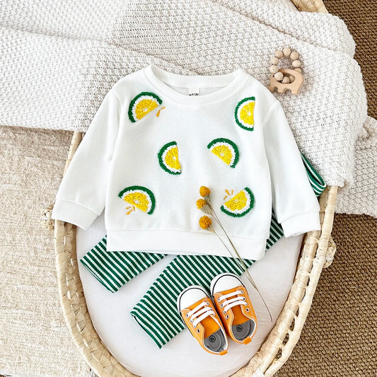 Baby Toddler Boys Girls 2Pcs Lemon Fruit Embroidery Crewneck Long Sleeve Top + Striped Pants Set Outfit