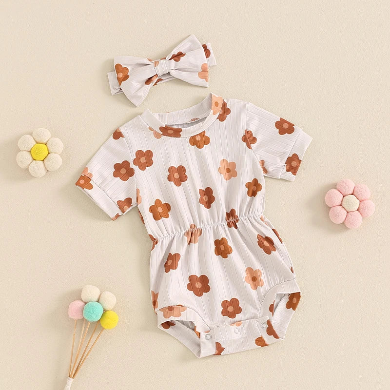 Baby Girls 2Pcs Casual Romper Short Sleeve O Neck Floral Flowers Strawberries Print Romper with Headband Set