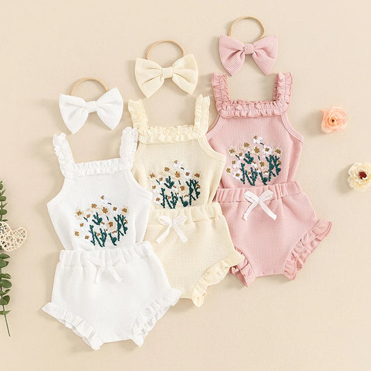 Baby Girl 3Pcs Summer Outfit Waffle Flower Embroidered Sleeveless Romper Ruffles Tank Top Shorts Headband 3Pcs Set