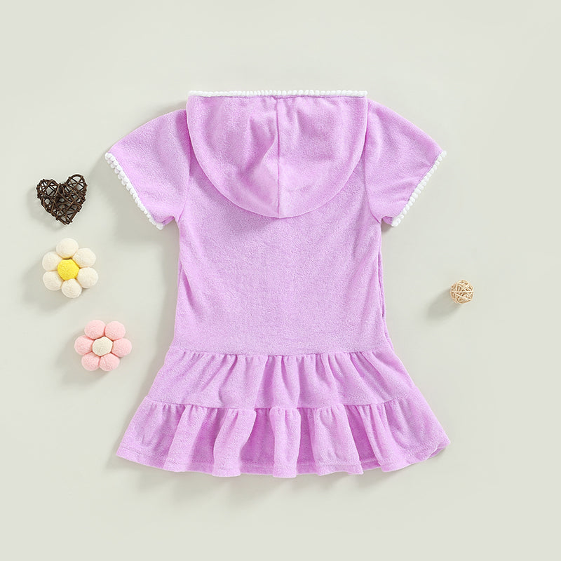 Toddler Kids Girls Swimwear Cover Up Dress Short Sleeve Zip Up Ruffles Solid Beach Dress for Kids