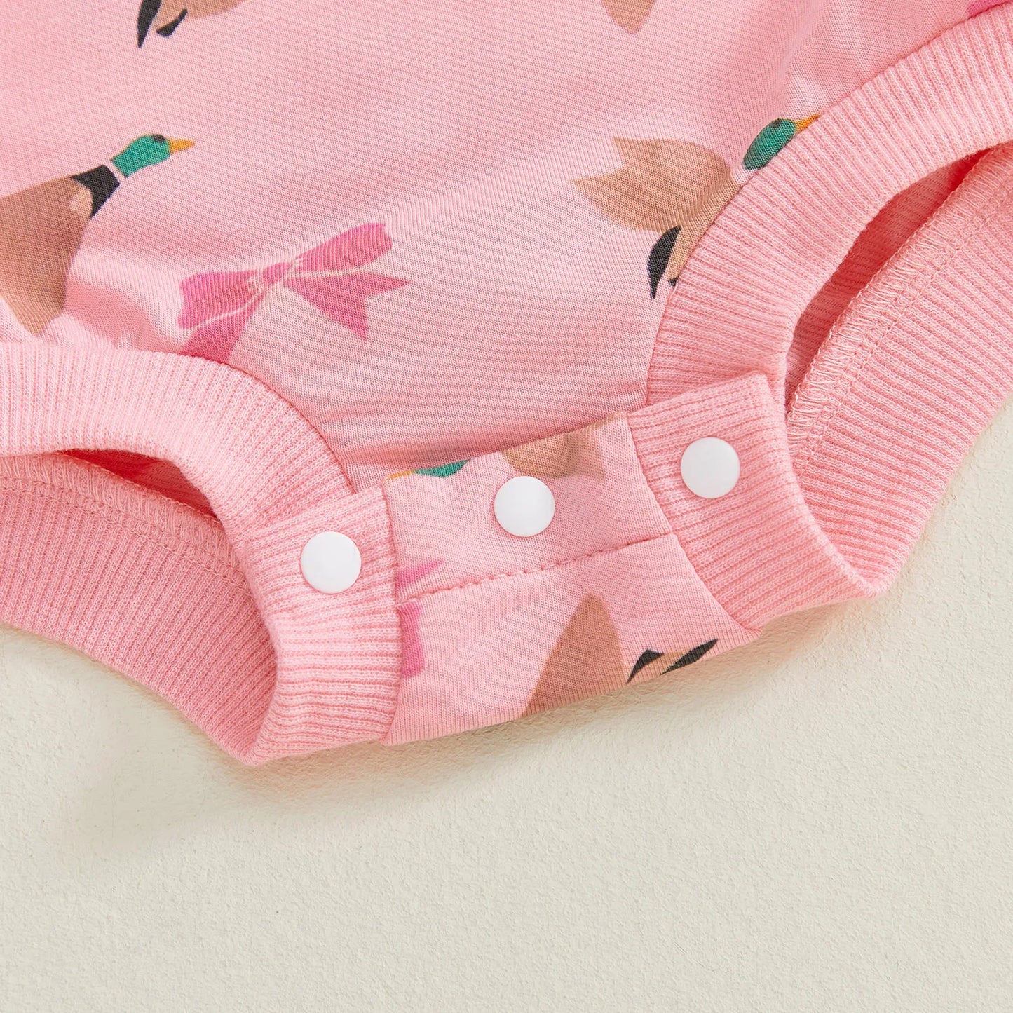 Baby Girls 2Pcs Romper Round Neck Duck and Bow Print Long Sleeve Jumpsuit with Headband Set