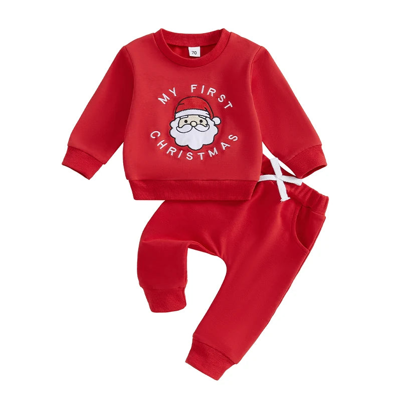 Baby Toddler Girl Boy 2Pcs My First Christmas Outfit Santa Claus Letter Embroidery Long Sleeve Crewneck Top with Solid Pant Jogger Set