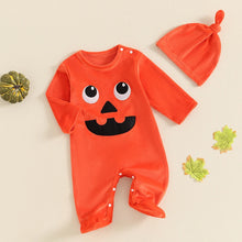 Load image into Gallery viewer, Baby Boys Girls 2Pcs Halloween Pumpkin Romper Long Sleeve Crew Neck Cartoon Embroidery Jumpsuit with Hat Set
