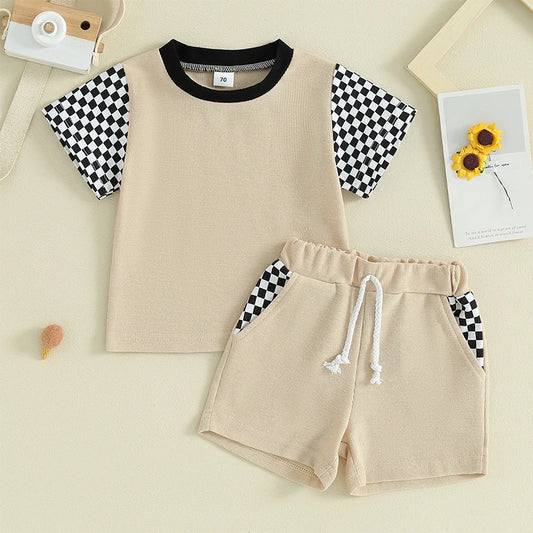 Toddler Baby Boy 2Pcs Checker Print Short Sleeve T-Shirt Tops and Shorts Outfits Set