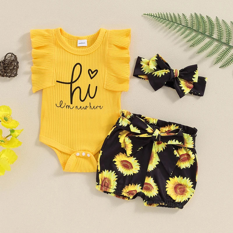 Baby Girls 3Pcs Hi I'm New Here Fly Sleeve Romper with Camouflage Rainbow Sunflower Waist Tie Shorts and Headband Summer Outfit