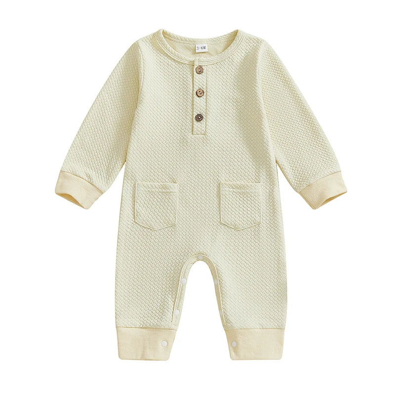 Baby Girls Boys Romper Solid Color Buttons Pockets O-Neck Long Sleeve Spring Jumpsuit