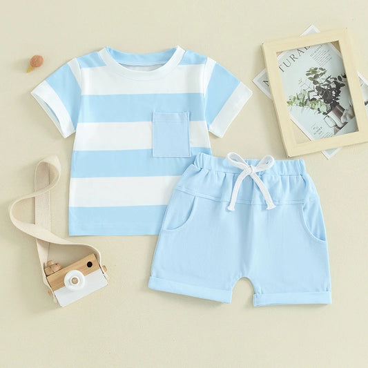 Baby Toddler Boys 2Pcs Summer Outfit Pocket Stripe Short Sleeve Top Elastic Waist Shorts Clothes Set