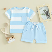 Load image into Gallery viewer, Baby Toddler Boys 2Pcs Summer Outfit Pocket Stripe Short Sleeve Top Elastic Waist Shorts Clothes Set
