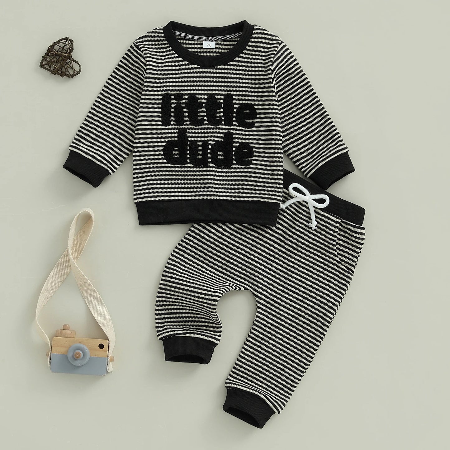 Baby Toddler Boys 2Pcs Little Dude Striped Jogger Set Long Sleeve Letters Embroidery Pullover Top with Pants Fall Outfits