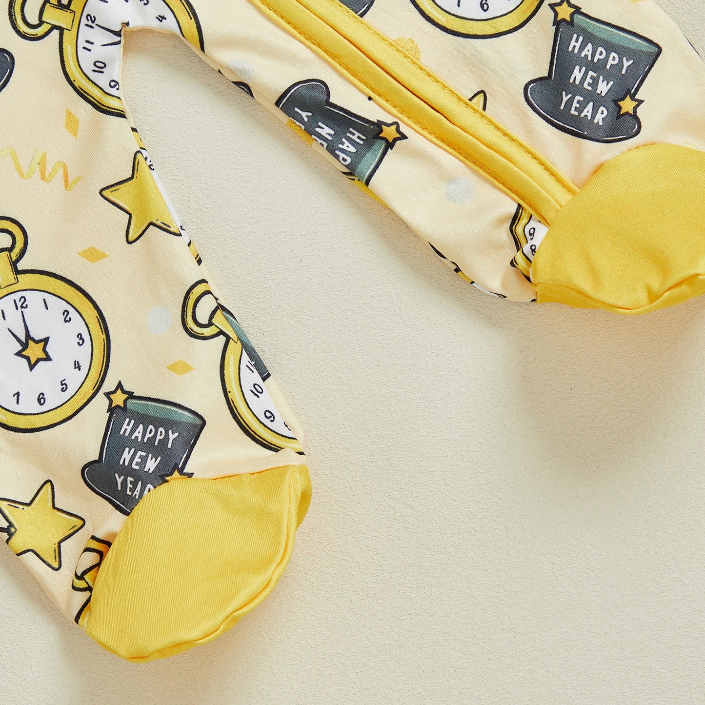 Baby Boy Girl 2Pcs Happy New Year Outfits Cute Long Sleeve Round Neck Hat Clock Print Footed Jumpsuit and Hat Set