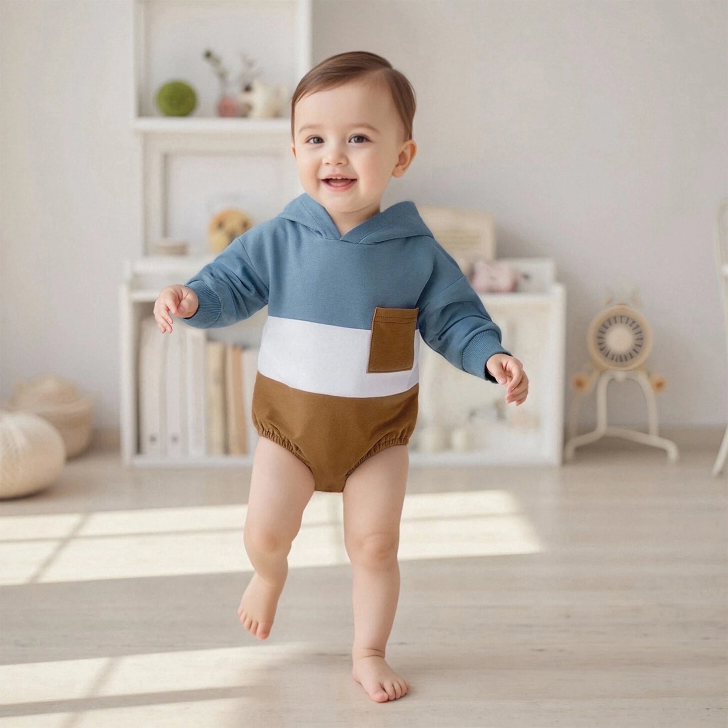 Baby Toddler Boy Autumn Hooded Romper Contrast Color Patchwork Long Sleeve Jumpsuit Cute Infant Bodysuit