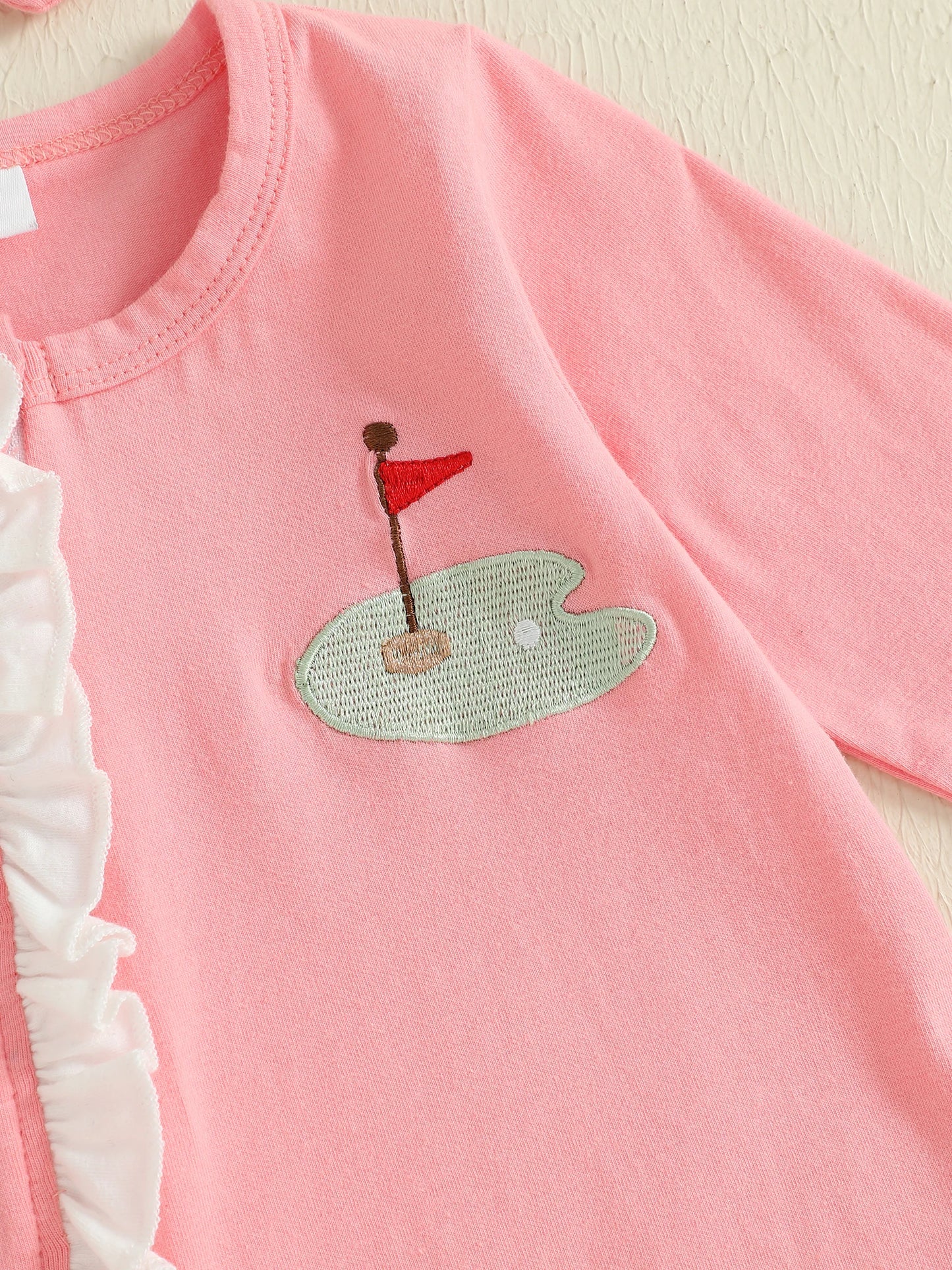 Baby Girls 2Pcs Footies Rompers Golf Embroidered Long Sleeve Round Neck Infant Fall Jumpsuits with Headband Set