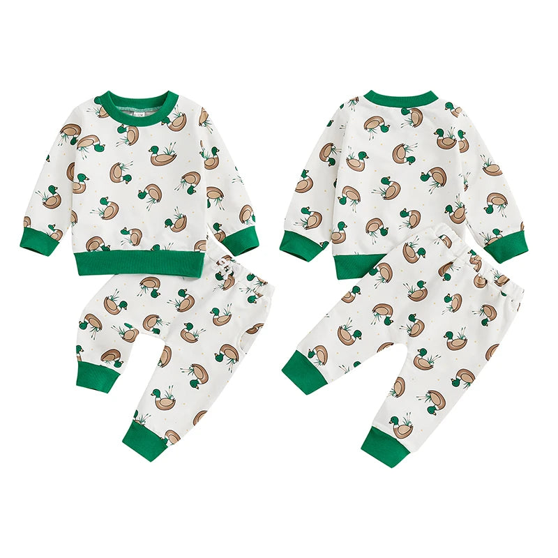 Baby Toddler Boys 2Pcs Fall Jogger Set Duck Print Long Sleeve Crew Neck Top with Elastic Waist Pants Outfit