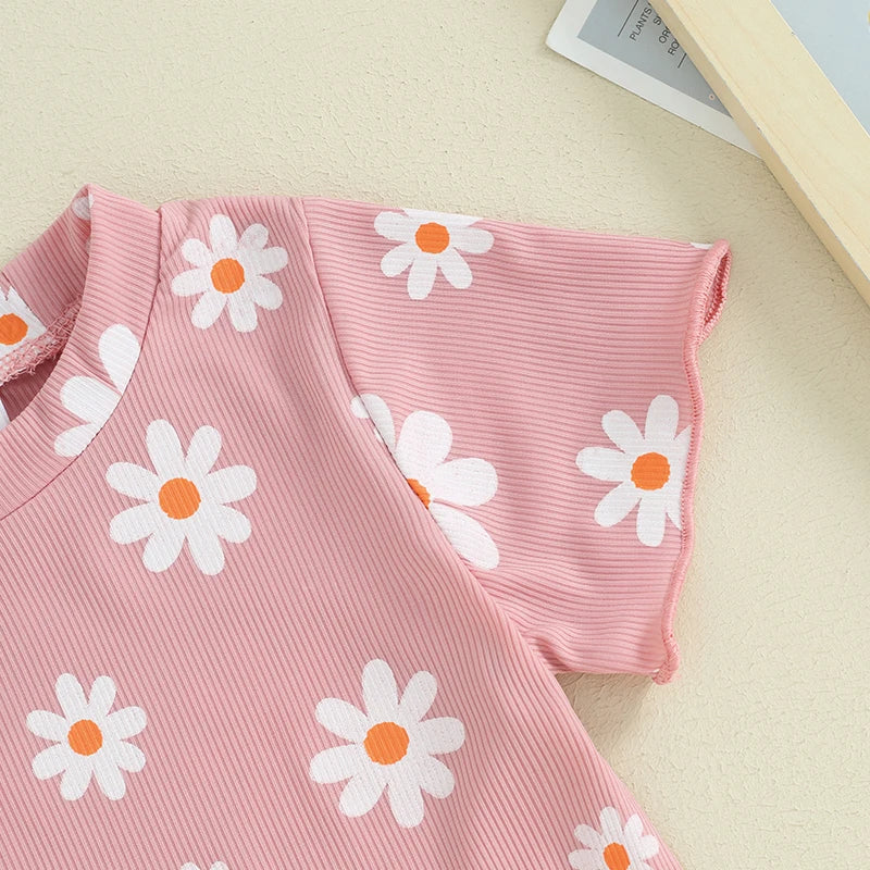 Toddler Baby Girl 2Pcs Spring Summer Clothes Floral Flowers Print Short Sleeve Crewneck Top with Matching Shorts Set Outfit