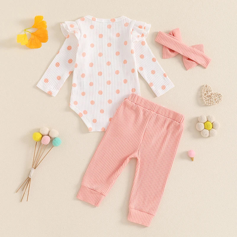 Baby Girls 3Pcs Fall Outfit Long Sleeve Polka Dots Print Romper with Pants and Headband Clothing Set