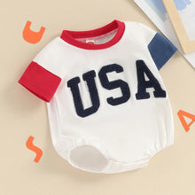 Load image into Gallery viewer, Baby Girls Boys Independence Day USA Romper Short Sleeve O-neck Letter Embroidery Contrast Color Jumpsuit
