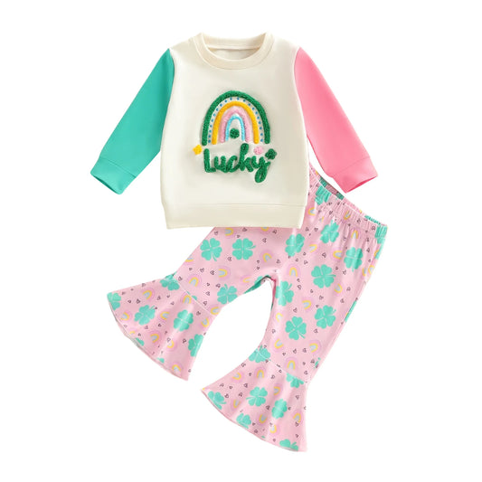 Baby Toddler Girls 2Pcs Lucky Long Sleeve Embroidery Rainbow Top with Shamrock Print Flare Pants Clothing Set