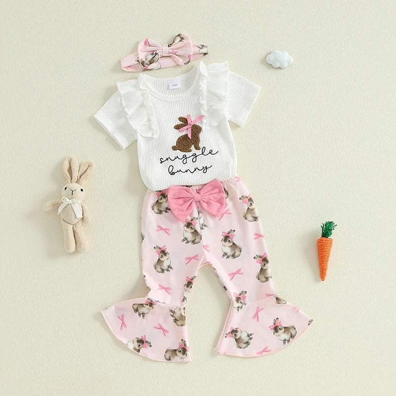 Baby Girls 3Pcs Snuggle Bunny Easter Outfit Short Sleeve Letter Embroidery Romper with Bunny Rabbit Print Flare Pants and Bow Headband Set