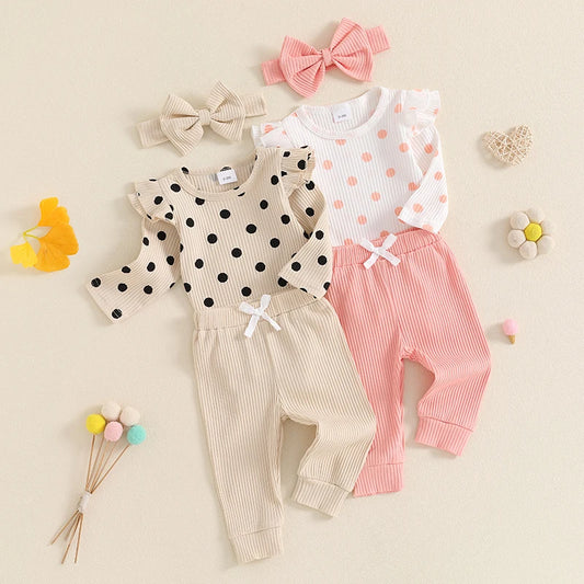 Baby Girls 3Pcs Fall Outfit Long Sleeve Polka Dots Print Romper with Pants and Headband Clothing Set