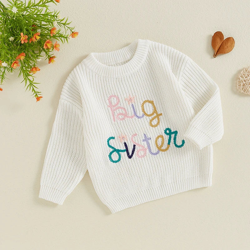 Baby Toddler Kids Girls Big Sister Fall Winter Sweater Casual Letter Flower Embroidery Crew Neck Long Sleeve Pullover Top