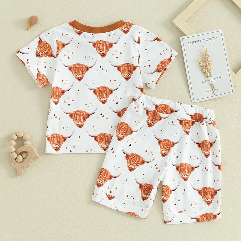 Toddler Baby Boy 2Pcs Clothes Western Cow Short Sleeve Top Jogger Shorts Cowboy Spring Summer Shorts Outfit Set