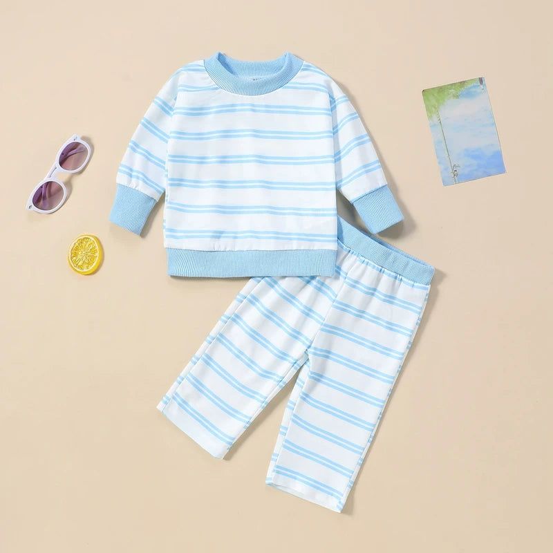 Baby Toddler Boys Girls 2Pcs Fall Outfit Stripes Print Long Sleeve Top and Elastic Pants Set