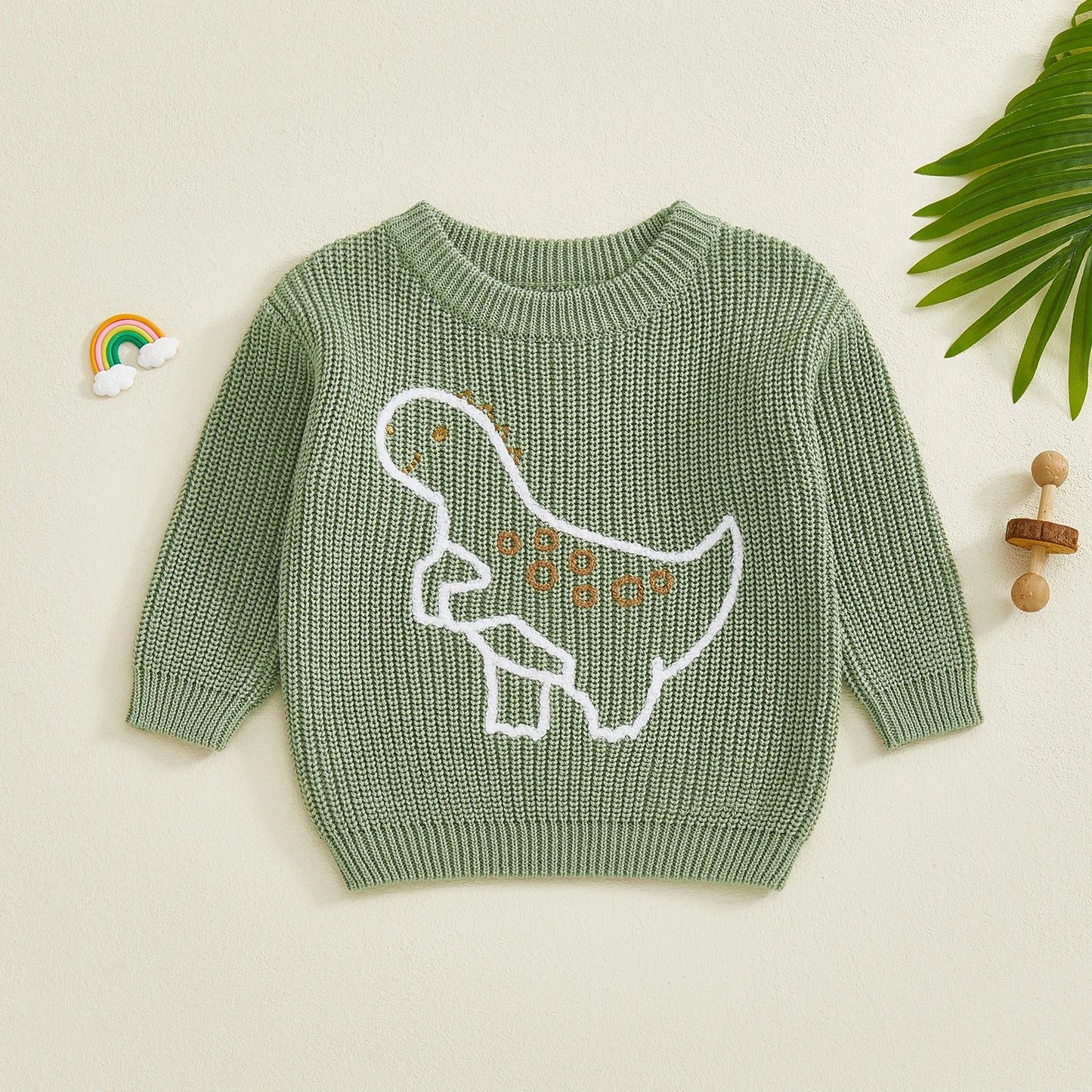Baby Toddler Boy Sweater Long Sleeve Crew Neck Dinosaur Embroidery Knit Tops Comfortable Pullover