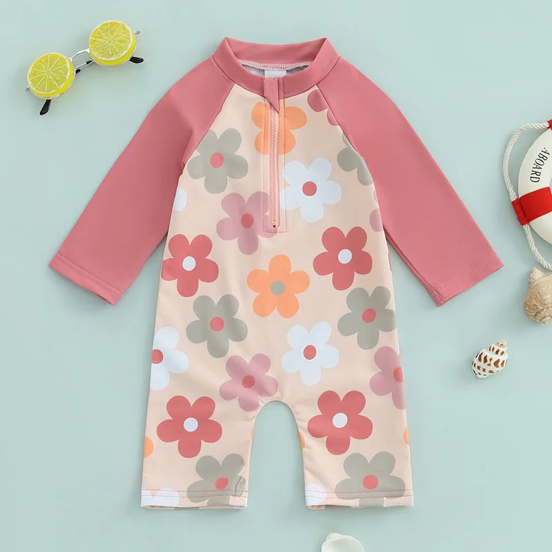 Baby Toddler Boys Girls Rash Guard Swimwear Animal/Floral/Tree Print Long Sleeve Mock Neck Zip Bathing Suit