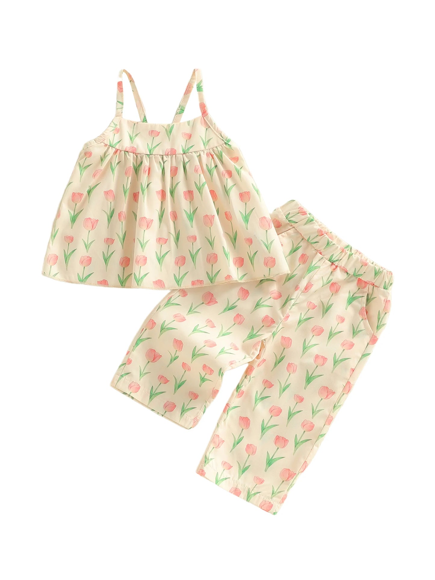 Baby Toddler Girls 2Pcs Outfit Sleeveless Tulip Print Cami Tank Top Pants Spring Set