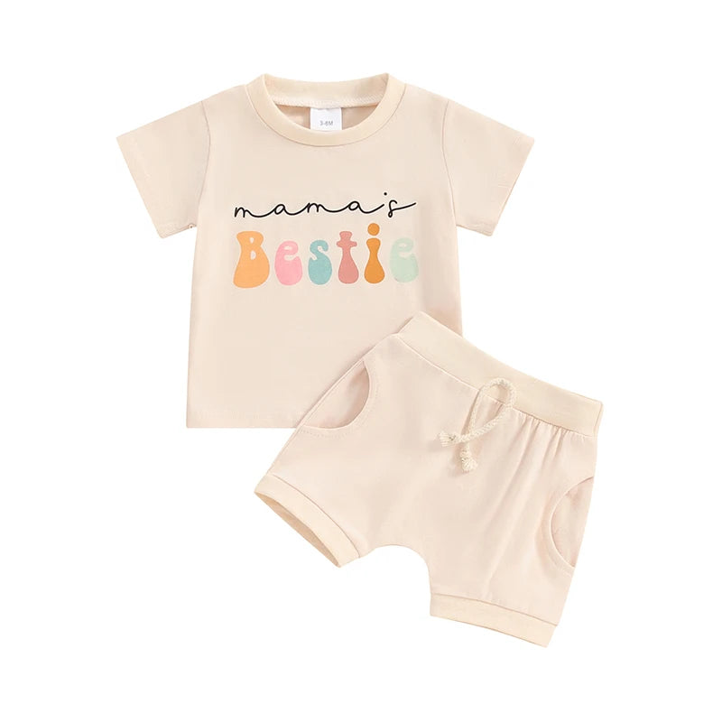 Baby Toddler Girls Boys 2Pcs Mama's Bestie Clothes Set Short Sleeve Letters Print Top with Elastic Waist Shorts Spring Summer Outfit