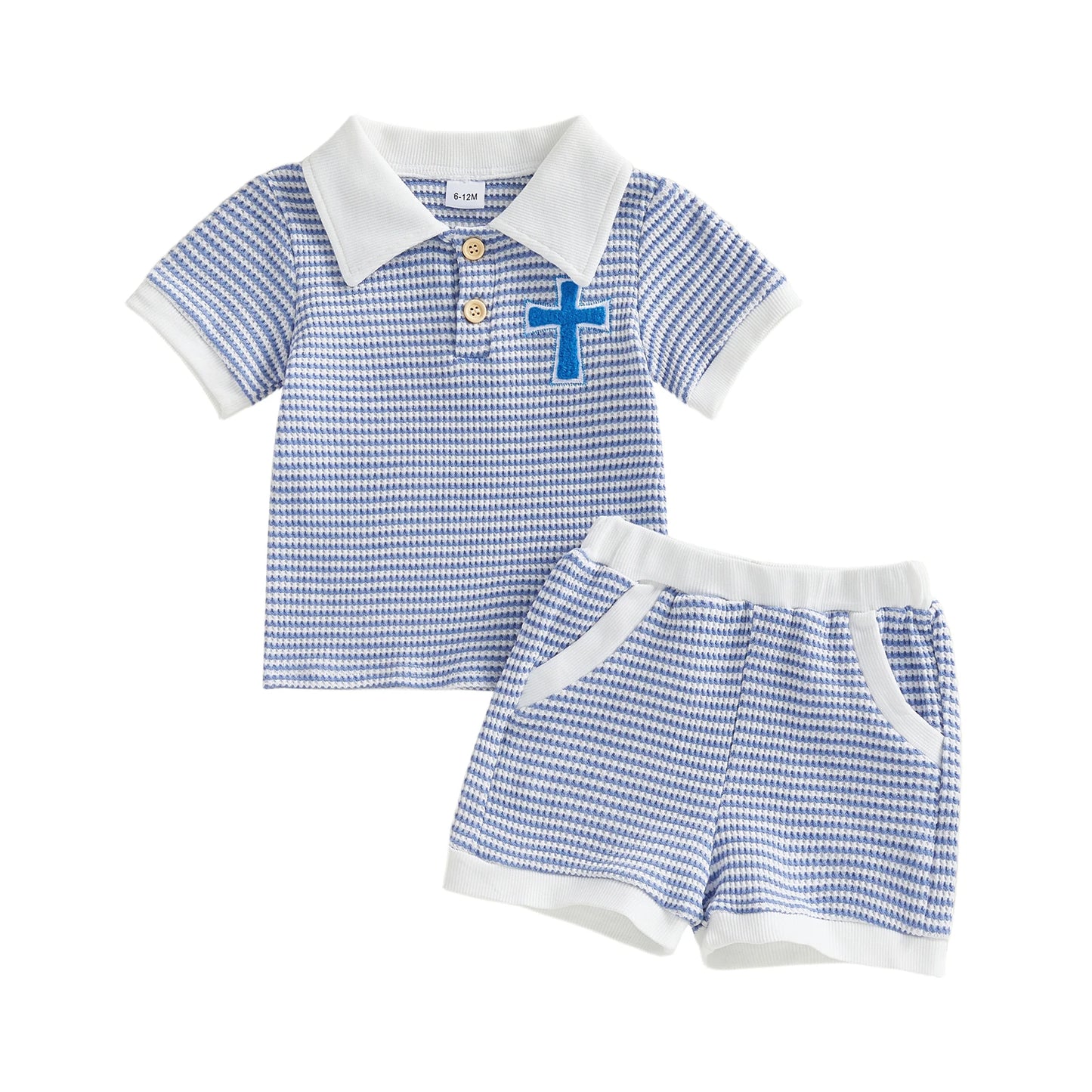 Baby Toddler Boys 2Pcs Easter Outfit Fashionable Striped Short Sleeve Carrot Cross Embroidery Top with Shorts 2Pcs Clothing Set