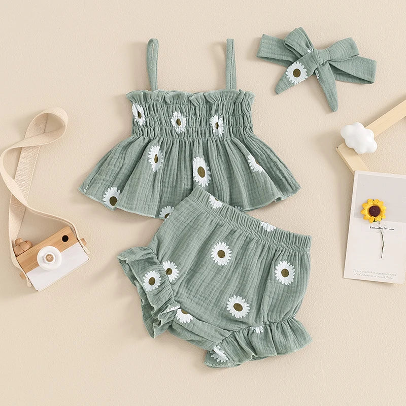 Baby Girls 3Pcs Shorts Set Spaghetti Straps Pleated Flower Print Camisole Top with Shorts Hairband Summer Outfit