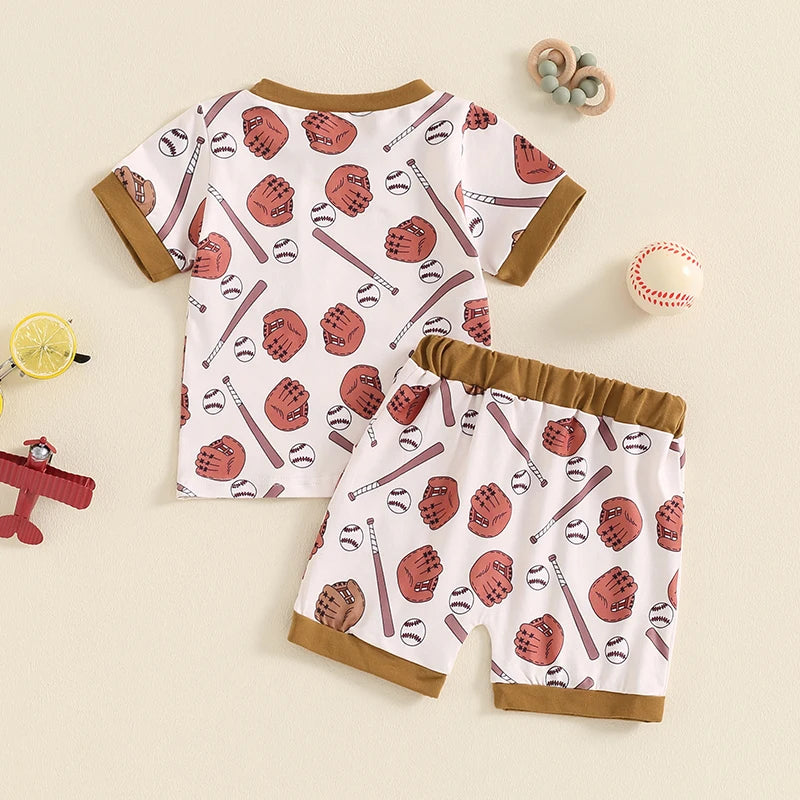 Baby Toddler Boys 2Pcs Baseball Print Short Sleeve Top with Elastic Waist Shorts Summer Outfit Set