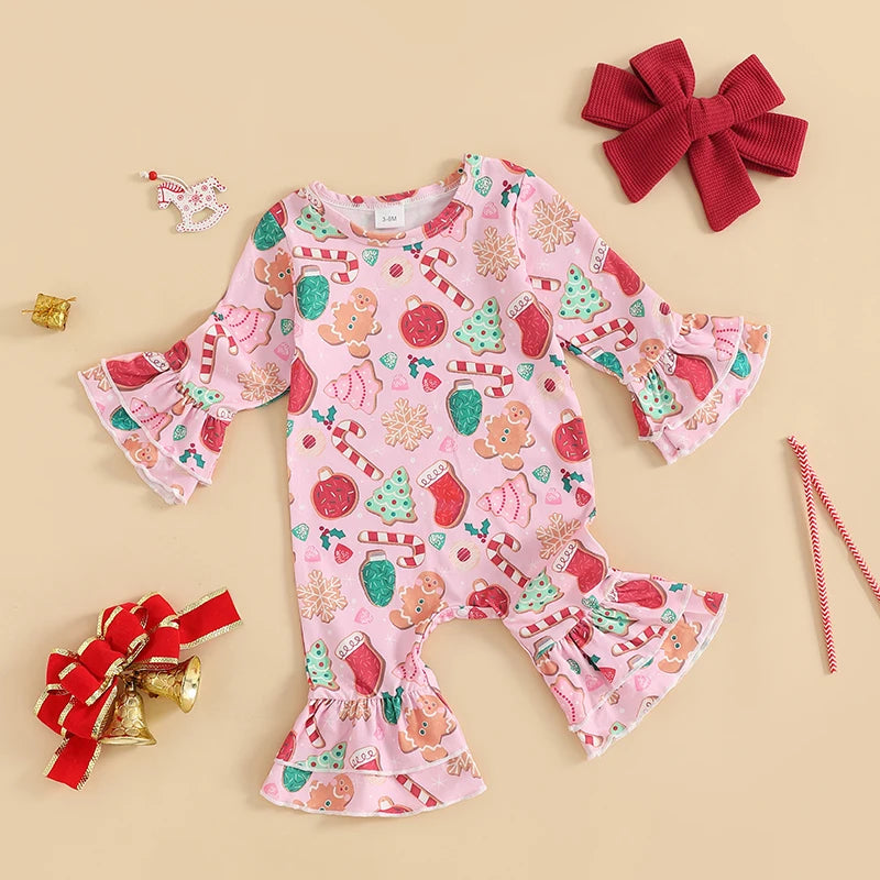 Baby Girls 2Pcs Romper Christmas Print Long Sleeve Jumpsuits Flare Sleeve and Pant and Cute Headband Set Infant Outfits