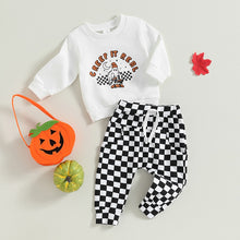 Load image into Gallery viewer, Baby Boy Girl 2Pcs Fall Outfit Set Letters Ghost Print Long Sleeve Top with Checkered Pants Halloween
