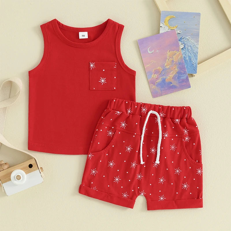 Baby Toddler Boy 2Pcs Summer Shorts Set Star Print Round Neck Tank Tops with Elastic Waist Shorts Outfit