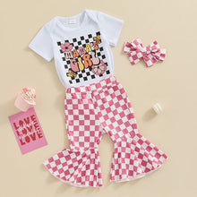 Load image into Gallery viewer, Baby Girl 3Pcs Spring Clothes Mama&#39;s Girl Short Sleeve Romper + Flared Checker Pant + Headband
