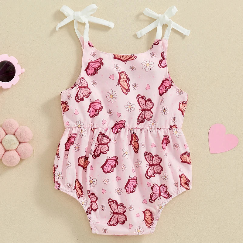 Baby Girls Summer Romper Flower/Butterfly Print Bow Tie Strap Tank Top Sleeveless Round Neck Jumpsuit