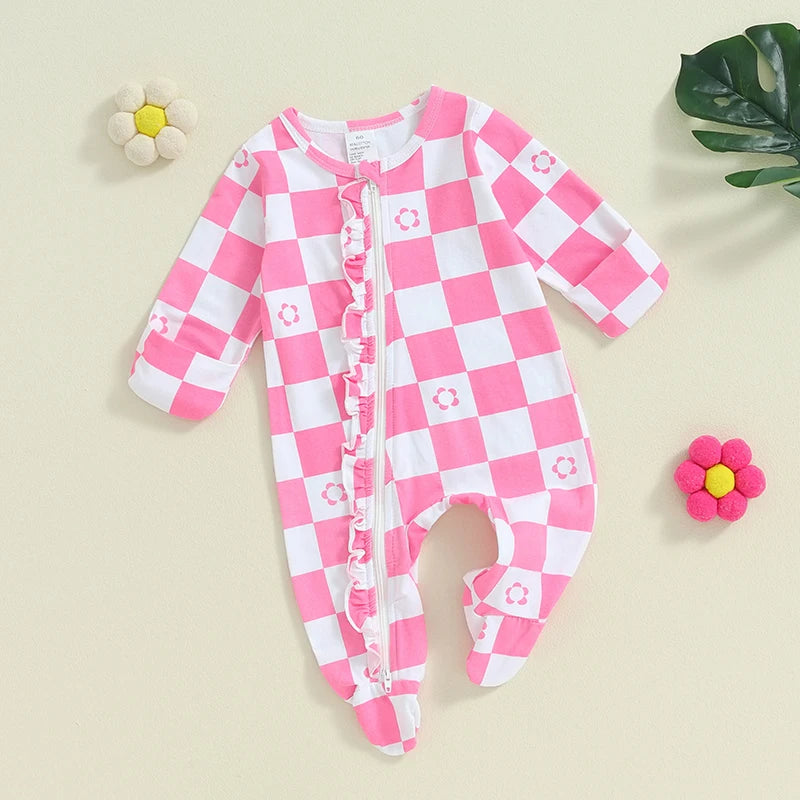 Baby Girls Footie Long Sleeve Crew Neck Zip Closure Checker Flower Print Fall Jumpsuit Zipper Romper