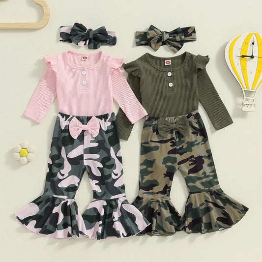 Baby Girls 3Pcs Fall Outfit Long Sleeve Ribbed Solid Color Romper Camouflage Print Flared Long Pants Headband Set