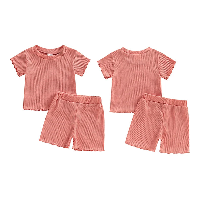 Baby Toddler Kids Girls 2Pcs Shorts Set Short Sleeve Crew Neck Top Frill Sleeves with Elastic Waist Shorts Summer Waffle Outfit