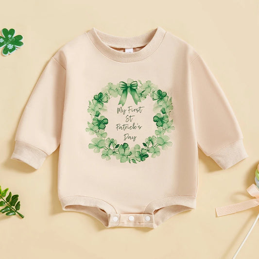 Baby Boy Girl My First St. Patrick's Day Bodysuit Clover Wreath Print Long Sleeve Bubble Romper Spring Clothes