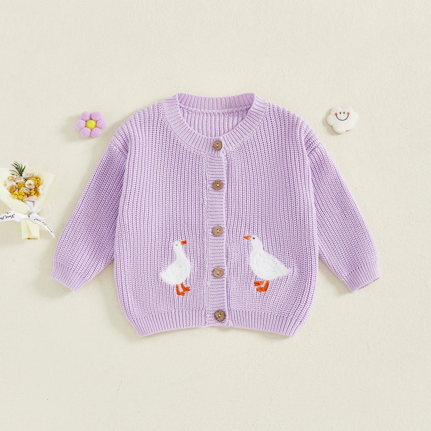 Toddler Kids Girl Knit Sweater Long Sleeve Round Neck Goose Embroidery Button Down Cardigan Tops