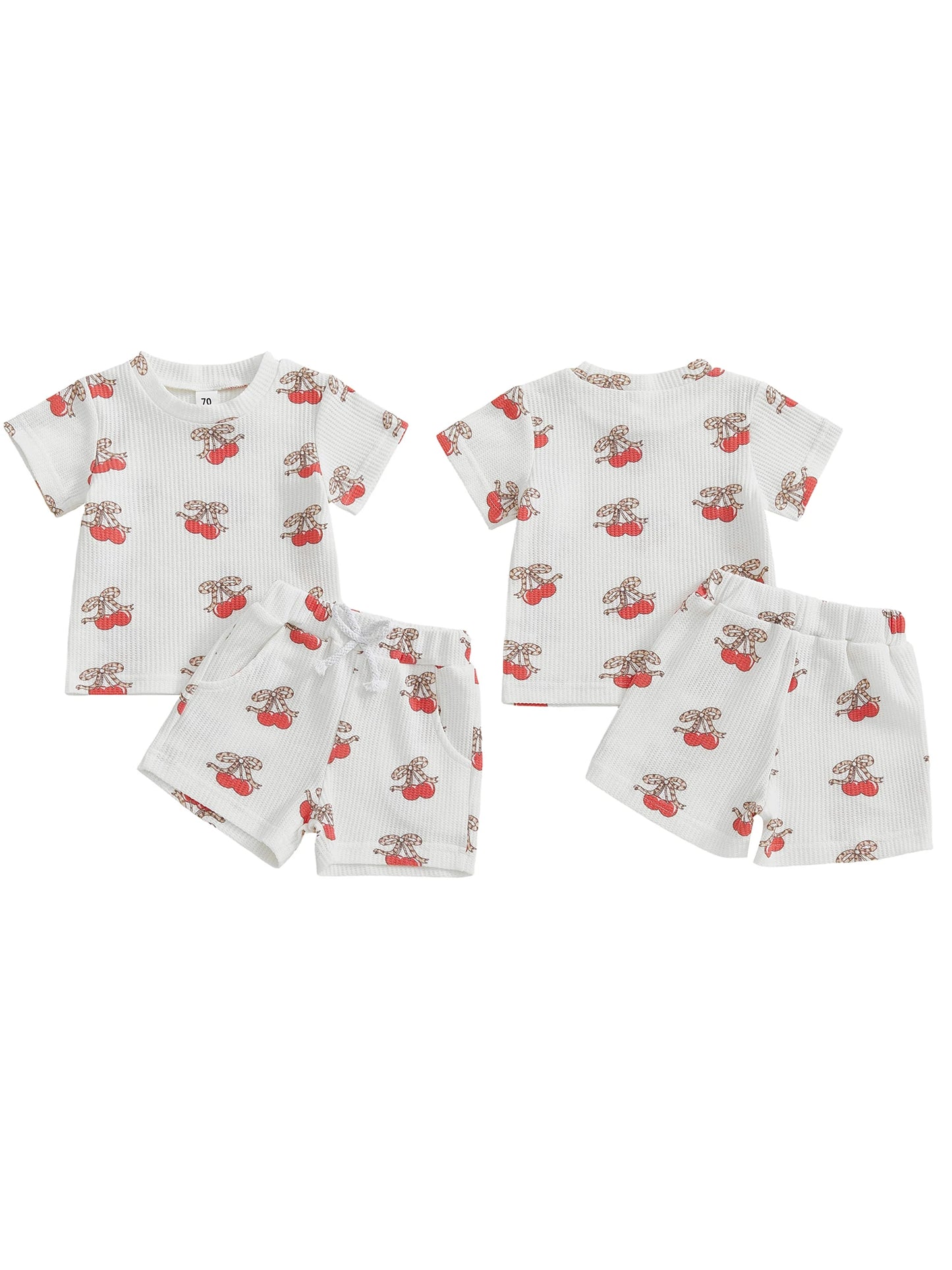 Baby Toddler Girls 2Pcs Outfits Fashionable Bow Cherry Print Short Sleeve Round Neck Top and Shorts Set